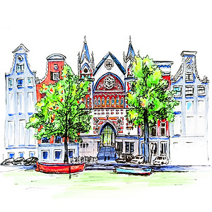 荷兰阿姆斯特丹典型房屋运河和教堂的城市景象图片
