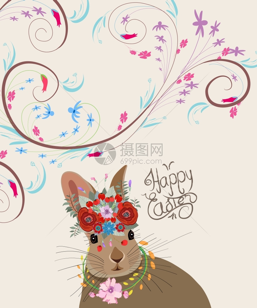 带着兔子快乐的复活节面条花背景图片