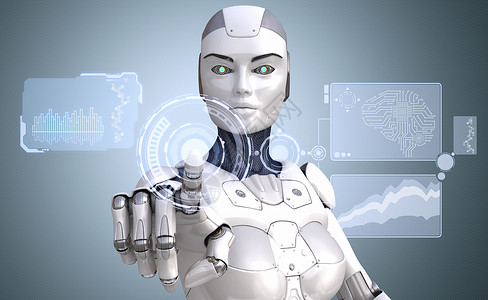 机器人与高科技触摸屏合作机器人与高科技触摸屏合作3D插图图片