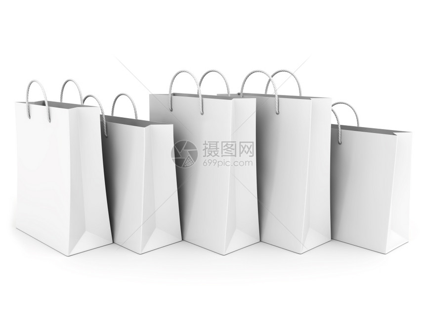 白纸上空购物袋排成一行白纸上空购物袋用于广告和品牌3D插图图片