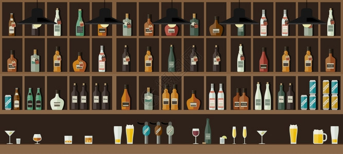 酒吧风格酒吧柜台餐厅饮料平板矢量横幅货架酒精插画