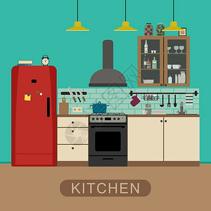 中岛式厨房厨房内装有家具和设备厨房内装有平坦式的矢量横幅插画