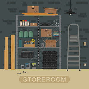 钢架子内置储藏室与砖墙内置储藏室与金属车库或储藏室的矢量说明插画