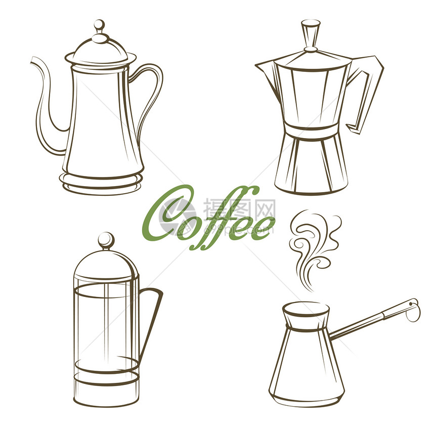 咖啡壶和签在白色背景上的咖啡签在白色背景上图片