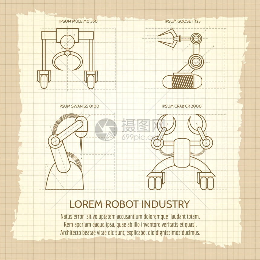机器人武装的旧招贴画工业机器人武装的旧招贴画矢量插图图片