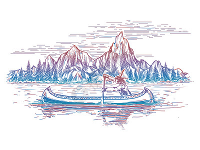 美洲原住民在船上的风景中美洲原住民在船上和山矢量多彩的山地和河流风景背景图片