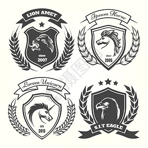黑色金边盾牌中世纪护身衣臂服用花圈盾牌和恒星搭配外套用独角兽和马狮子鹰矢量插图背景