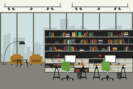 灯景开放空间办公室地点书架和休息室插画