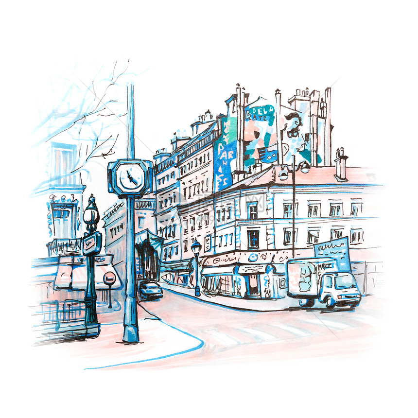 巴黎街上有传统房子咖啡馆和灯笼法国巴黎图片