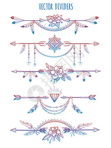 装饰粗箭头插图箭和花的波西米亚分解器手画博西米亚风格的分解器箭花和羽毛矢量插图背景