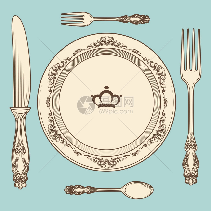 旧式餐具和板条插图手画蓝色背景的旧式餐具和板条矢量插图图片