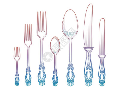彩色勺子刀和叉彩色餐具收集矢量说明白上隔离的勺子刀和叉图片