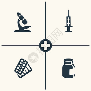 医疗标志图标显微镜注射器和药丸图标医疗病媒显微镜注射器和药丸图标背景