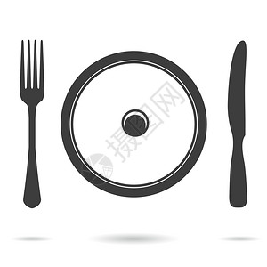 板叉和刀图标白色上隔离的矢量黑餐刀图标图片
