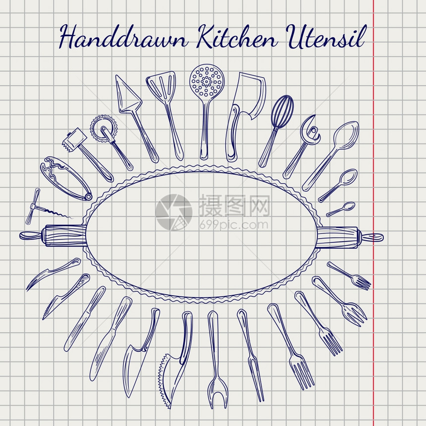 笔记本页上的厨房用词图矢量手绘制的圆锥形和装饰框架图片