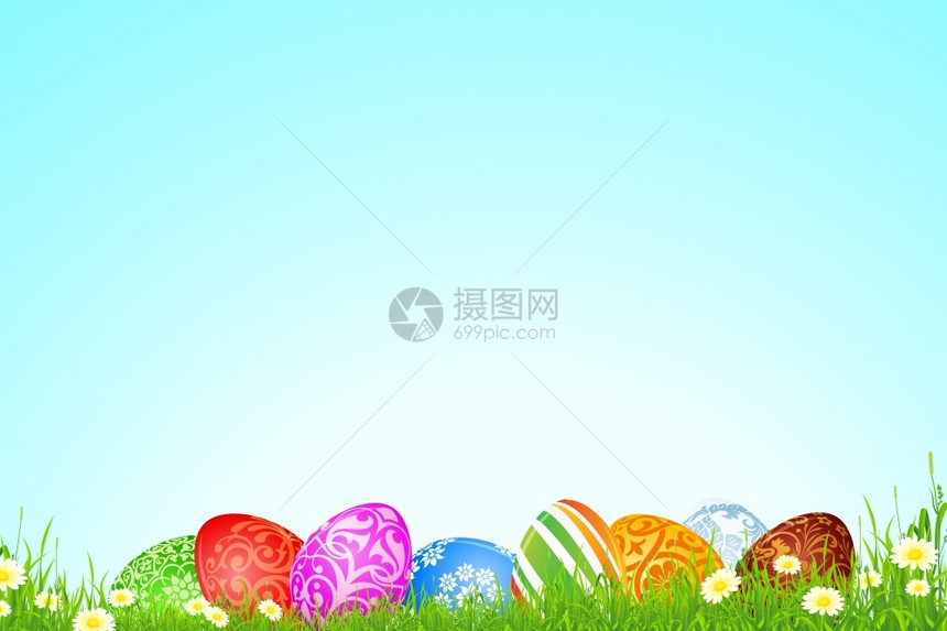 复活节假日背景带花草和鸡蛋的复活节背景图片