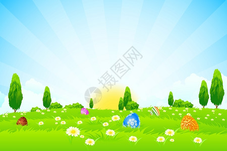 复活节假日背景复活节花草鸡蛋和树的复活节背景图片