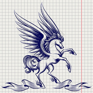 纹身图腾翅膀Pegasus的圆珠笔草图草图Pagasus的圆珠笔草图记本页上有翅膀和丝带矢量插图背景