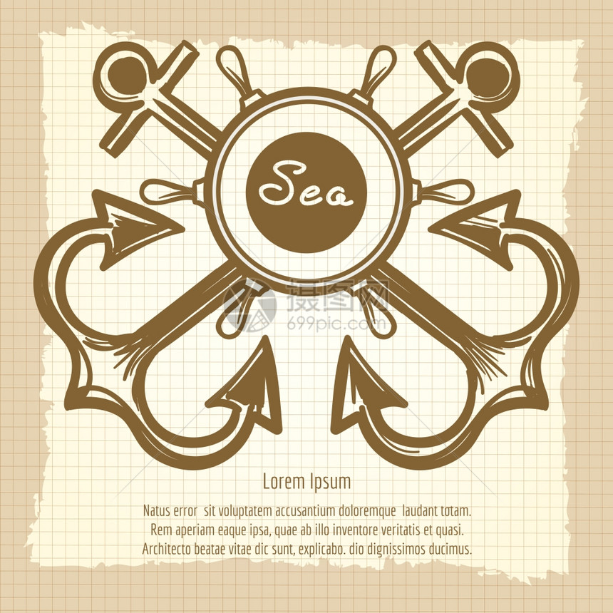 带有手轮和锚的海徽手画古年背景与带有手轮和锚的海徽图片