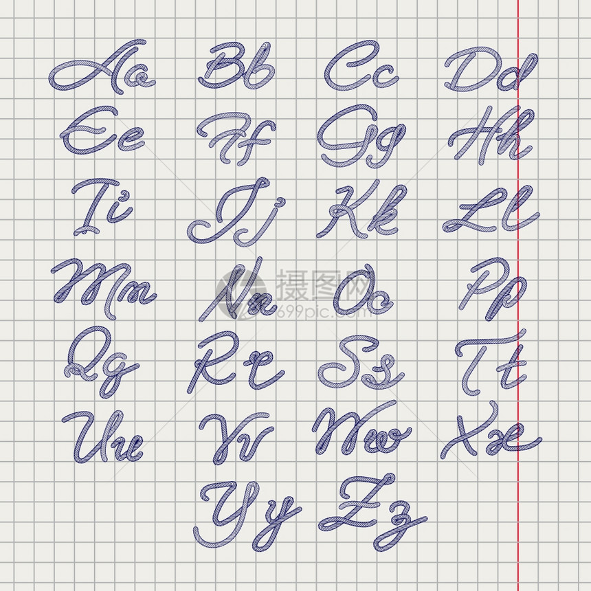 Ballpoin绘制绳索字母表Ballpoin在笔记本页面上绘制绳索字母表矢量插图图片