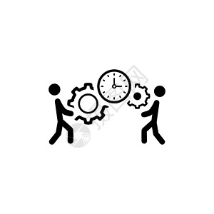 金融APP登录页项目管理图标平面设计业务概念带Gears和Clock的两个人单独说明App符号或UI元素背景