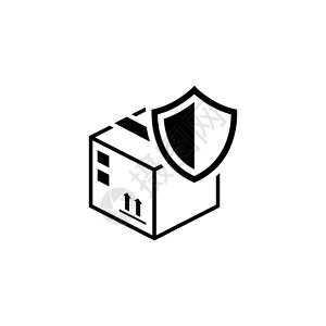 白色盾牌货物保护图标平面设计带有纸箱和盾牌的安全概念孤立的说明应用符号或UI元素背景