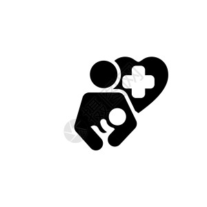 孩子图标生命护理图标平面设计孤立说明母亲抱着新生婴儿和身后有十字心的母亲背景