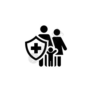 医疗保健符号家庭保险图标平面设计单说明有盾牌和的家庭背景