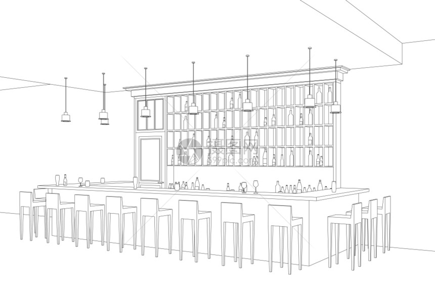 酒吧内线餐厅用酒吧桌凳子和装有酒精的架子对室内进行矢量透视图片