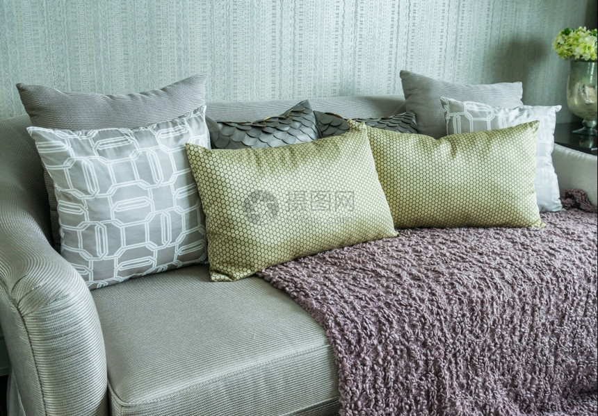 家里沙发上有一排枕头的客厅图片