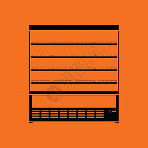 黑色笛架子超级市场冰箱展示图标橙色背景黑矢量插图插画