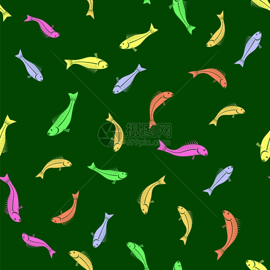 绿色背景上的彩色鱼群图片