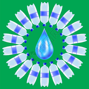 一套可塑水瓶和蓝色滴在绿背景上孤立高清图片