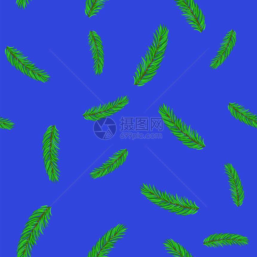 Fir绿色分支在蓝背景上的无缝模式绿色分支模式图片