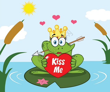 多彩皇冠湖中荷叶上的戴皇冠的美女青蛙举着kissme的牌子插画