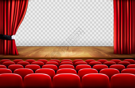 红色的椅子带木地板和红窗帘的剧院舞台插画