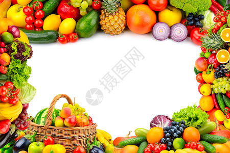 各种蔬菜和水果的边框中间有隔绝的空图片