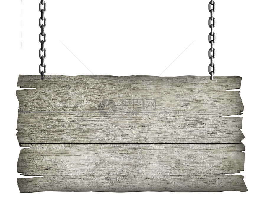 白色背景上带链条的木头标志图片