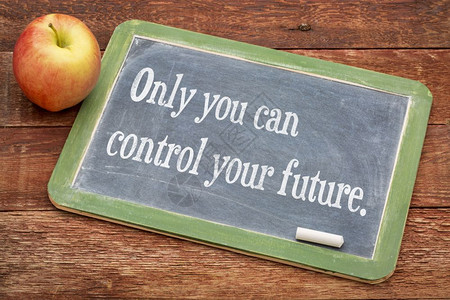 未来已来你来不来只有你能控制的未来在黑板上用正面的字词来对付红谷仓木头背景