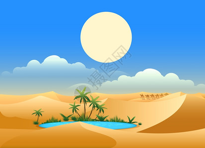 沙丘天空沙漠绿洲棕榈树矢量插画插画