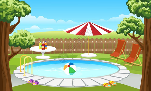 户外遮阳伞带栅栏和遮阳伞的后院泳池矢量插画插画