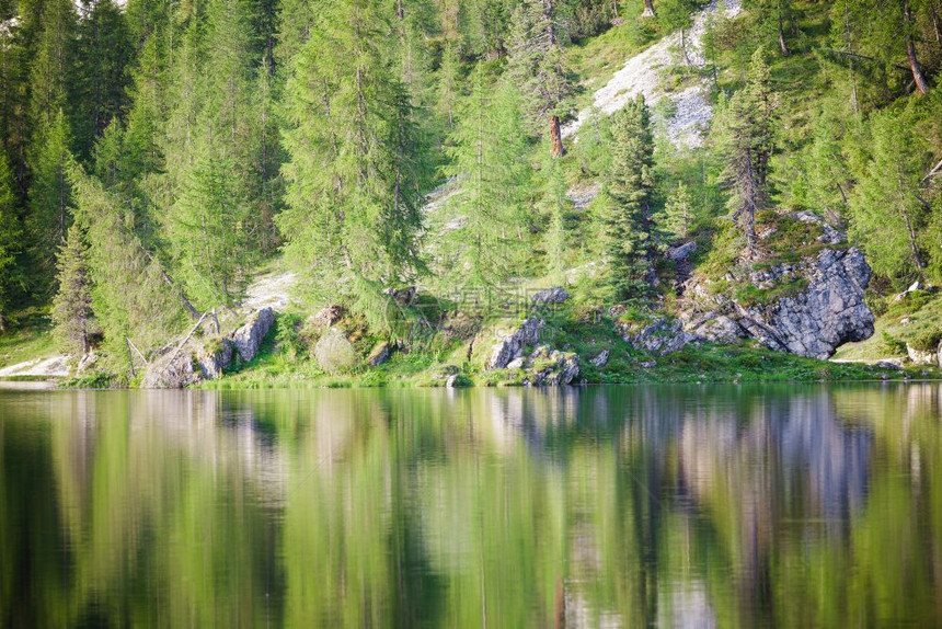 阿尔卑斯山夏季湖上反射的树木意大利阿尔卑斯山多洛米特阿尔卑斯山图片