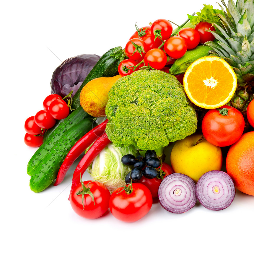 新鲜水果和蔬菜的成分孤立于白色背景图片