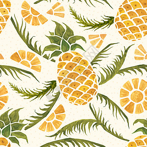 水彩菠萝无缝热带图案有菠萝和棕榈叶手画水彩图案无缝热带手画水彩背景