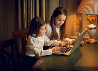 使用笔记本电脑对两个小姐妹的肖像图片