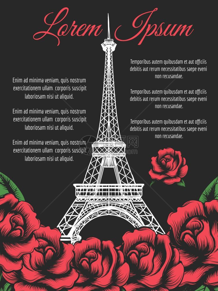 Eiffel铁塔和玫瑰巴黎海报设计与Eiffel铁塔和黑色背景的玫瑰矢量插图图片