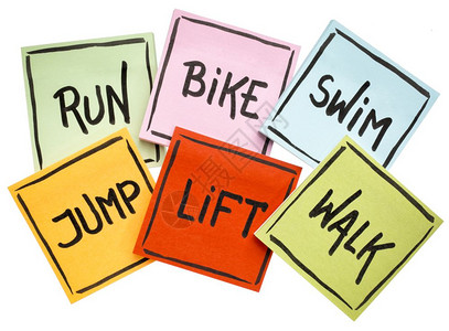 跑自行车游泳跳升步行健身或交叉训练概念白上孤立的粘贴笔记上迹图片