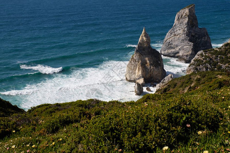 葡萄牙阳光明媚的白天绿色夏季海滩PraiadaUrsa图片