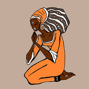 黑色头巾非洲族裔妇女美丽的孩手画矢量插图插画
