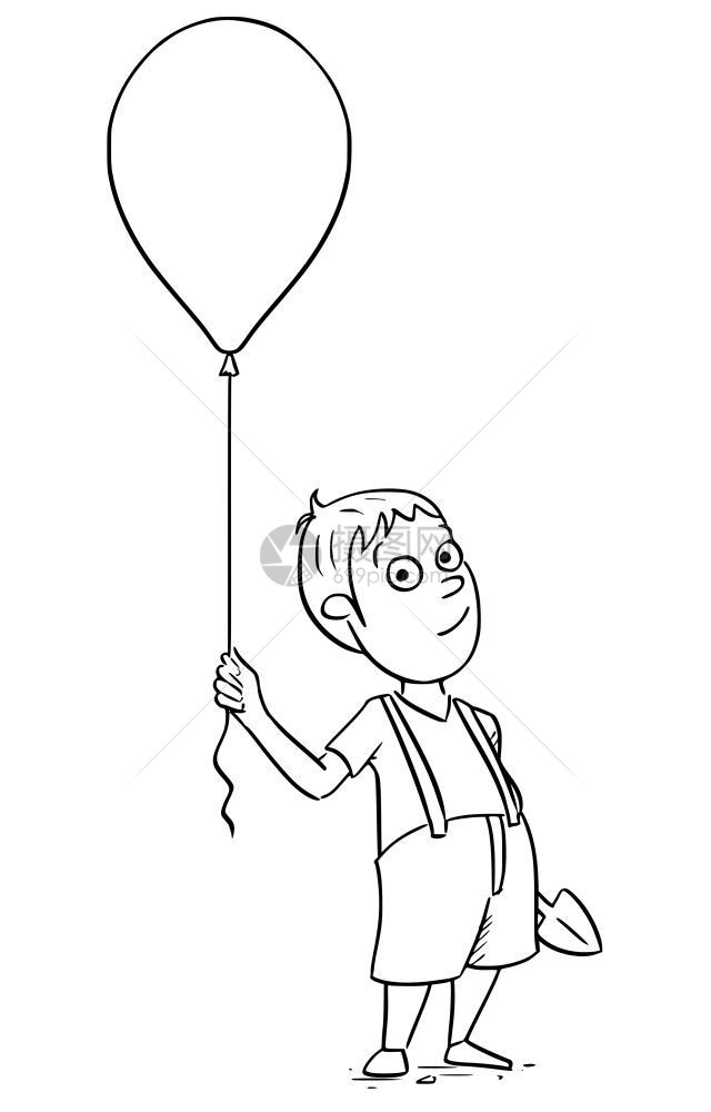 手画漫插图男孩拿着充气球和铲子图片